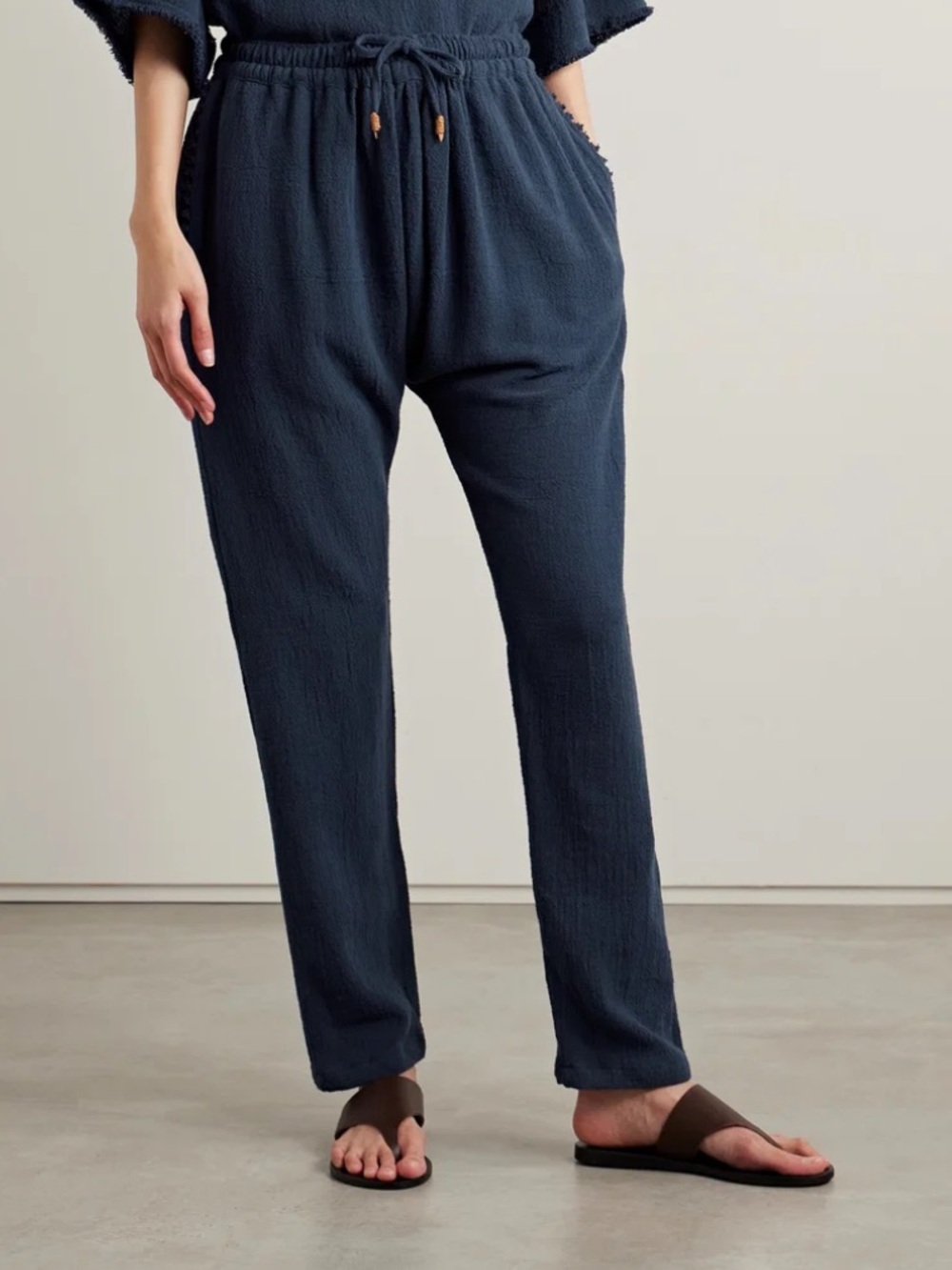 CARAVANA Wakun Leather-Trimmed Distressed Cotton-Gauze Pants s/m BRAND NEW!